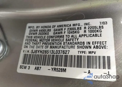 2003 Honda Element Ex from USA, damaged, VIN 5J6YH28513L037627